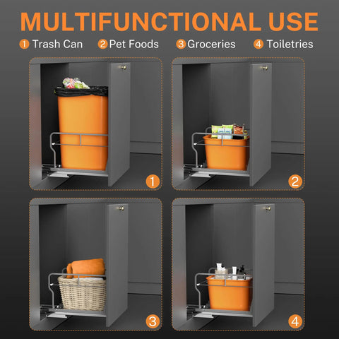 Premium Slick Under Cabinet Trash Pull Out Organizer Rack With Silent Soft Close Slides for multifunctional use storage.