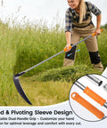 Person using 20 Inch Scythe Tool For Grass Cutting With Adjustable Dual Hand Grip, 3 Stainless Steel Poles, Professional Grade Blade, 61-Inch Reach