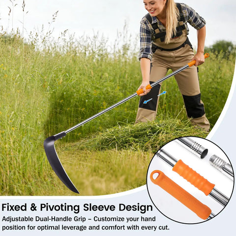 Person using 20 Inch Scythe Tool For Grass Cutting With Adjustable Dual Hand Grip, 3 Stainless Steel Poles, Professional Grade Blade, 61-Inch Reach