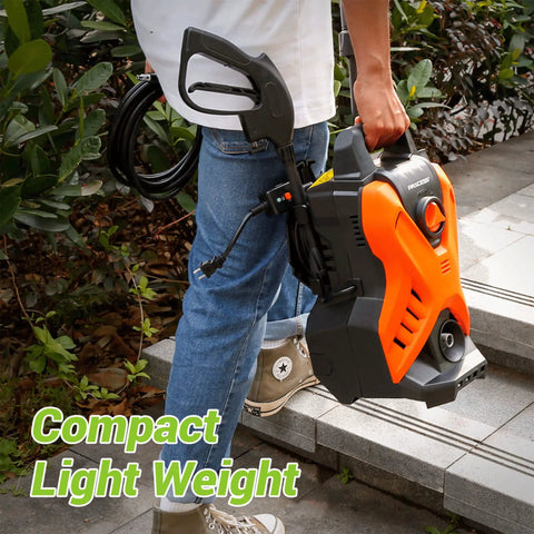 Person carrying Portable Electric Pressure Washer 1750 PSI 1.6 GPM with Adjustable Spray Nozzle and Foam Cannon