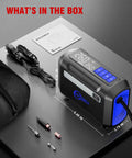 Hella Compact Tire Inflator And Portable Air Compressor Offering Straight Up Lightning Fast 40 Liters Per Minute Fill Rate With An Easy To Read Dual Digital Screen and accessories including power cord and nozzles.