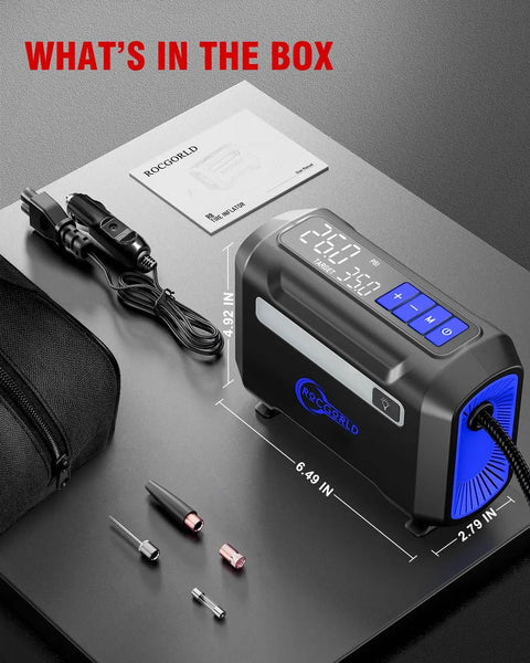 Hella Compact Tire Inflator And Portable Air Compressor Offering Straight Up Lightning Fast 40 Liters Per Minute Fill Rate With An Easy To Read Dual Digital Screen and accessories including power cord and nozzles.