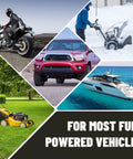 Collage of vehicles and machinery illustrating compatibility with Battery Powered Gas Transfer Pump With 3 Ft Hose And Flow Control Nozzle