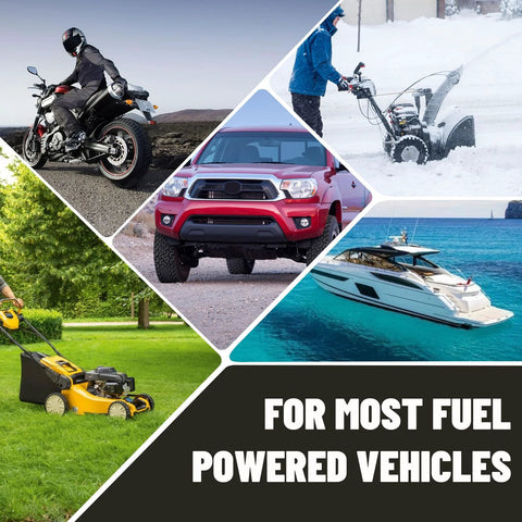 Collage of vehicles and machinery illustrating compatibility with Battery Powered Gas Transfer Pump With 3 Ft Hose And Flow Control Nozzle