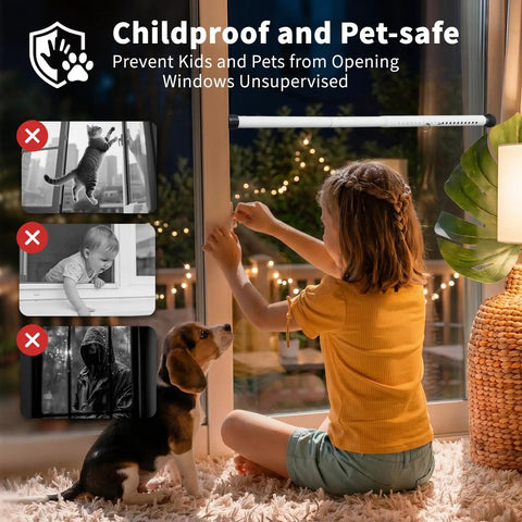 Childproof and pet-safe sliding door with Heavy Duty Sliding Door Security Bar 18 To 51 Inches Adjustable With Rubber Tips Burglar Proof