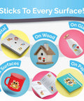 Glossy white vinyl sticker paper, 32 self-adhesive sheets for inkjet/laser printers; demonstrates uses on metal, wood, glass.