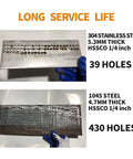 RCINDUS metal drill plate blocks; two perforated plates with drilled holes, front view held by blue-gloved hand