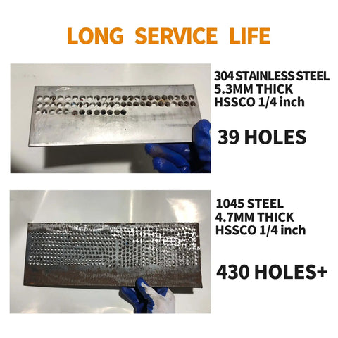 Comparison of drilled holes in stainless and standard steel showing durability of Go-To 5/32 Inch Cobalt Drill Bits Set 20 Pieces HSS M35.