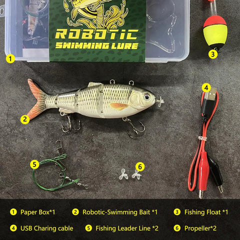 Electric Robotic Swimbait Lure Five Point One Inch USB Rechargeable Auto Swimming Lure With LED Light For Bass Trout Pike Fishing Tackle Color T620 Durable, set with accessories including USB cable and fishing float.