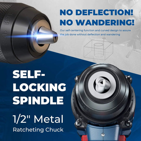 Close-up of 1/2" metal ratcheting chuck on 20V Brushless Heavy Duty Impact Drill Kit With 531 Inch Lbs Beast Torque.