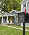 Oasis Classic Locking Post Mount Parcel Mailbox Built Like A Tank With High Security Reinforced Lock in front of modern home.