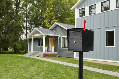 Oasis Classic Locking Post Mount Parcel Mailbox Built Like A Tank With High Security Reinforced Lock in front of modern home.