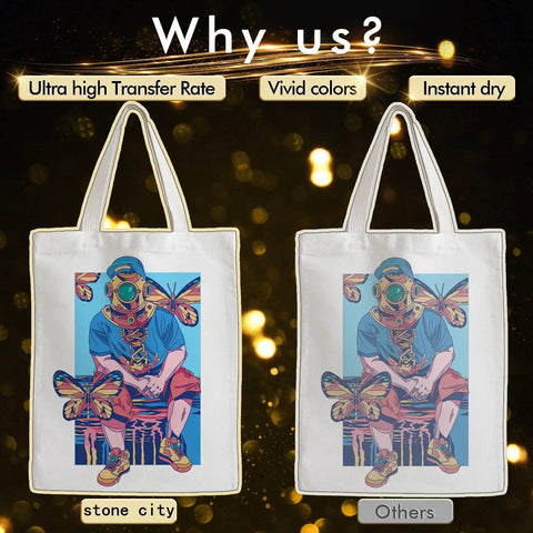 Sublimation Paper 8.3x11.7 Inch, 110 Sheets, 105G print comparison on tote bag, highlighting vivid colors and high transfer rate.