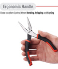 Pro Level Needle Nose Pliers Built Like A Tank With Tempered Steel Jaws For Tight Squeeze Tasks in hand with ergonomic grip.