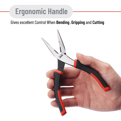 Pro Level Needle Nose Pliers Built Like A Tank With Tempered Steel Jaws For Tight Squeeze Tasks in hand with ergonomic grip.