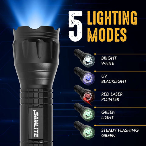 Go-To Five Lighting Modes Tactical LED Flashlight With Laser Pointer, UV Blacklight, Green Light, and Magnetic Bottom details.