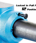Close-up of Beefy Rotating Base and Head Bench Vise 6 Inch showing lockable pin for 360 degree swivel with 12 set points at 30 degrees