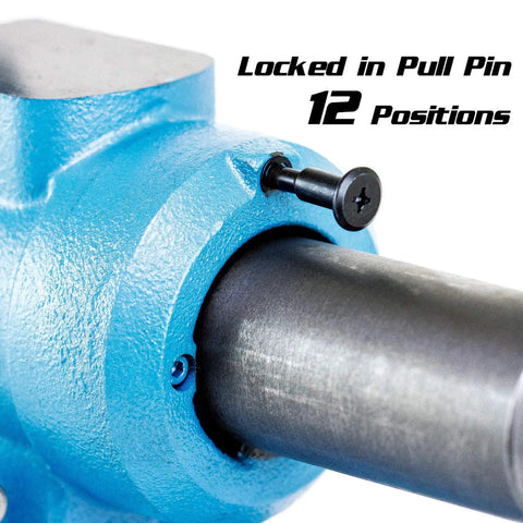Close-up of Beefy Rotating Base and Head Bench Vise 6 Inch showing lockable pin for 360 degree swivel with 12 set points at 30 degrees
