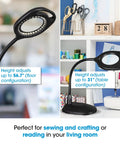 Two In One ClearSun LED Magnifier Light Floor And Table Lamp For Crafting Sewing Reading And Needlework Hands Free Optical Grade Magnification With Bright Natural Light For Your DIY Projects displaying height adjustment options.