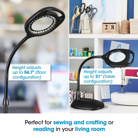 Two In One ClearSun LED Magnifier Light Floor And Table Lamp For Crafting Sewing Reading And Needlework Hands Free Optical Grade Magnification With Bright Natural Light For Your DIY Projects displaying height adjustment options.