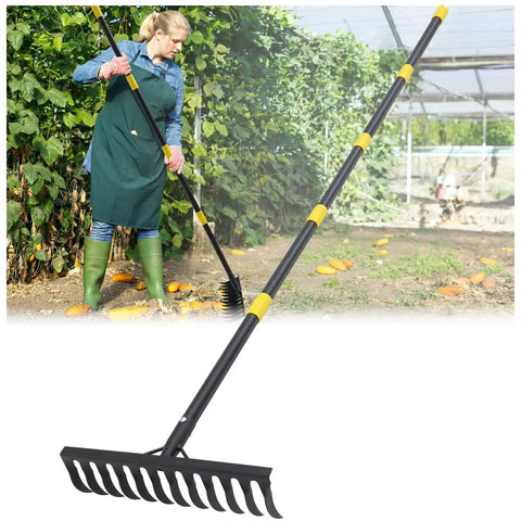 Heavy Duty Garden Rake With 78 Inch Handle And Twisted Tooth Tines 12 Metal Head Rake used for leaf cleanup in garden scene