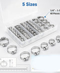 Heavy Duty 40 Pcs Hose Clamp Set Includes Premium 304 Stainless Steel Worm Gear Clamps For Intercooler Plumbing Fuel Lines And Tubes In Sizes From 1/4 Inch To 1-1/8 Inch For Super Durable Sealing Solutions, 5 sizes and 40 pieces in box