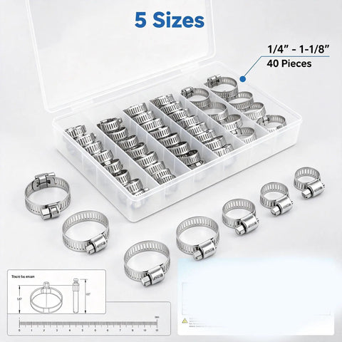 Heavy Duty 40 Pcs Hose Clamp Set Includes Premium 304 Stainless Steel Worm Gear Clamps For Intercooler Plumbing Fuel Lines And Tubes In Sizes From 1/4 Inch To 1-1/8 Inch For Super Durable Sealing Solutions, 5 sizes and 40 pieces in box