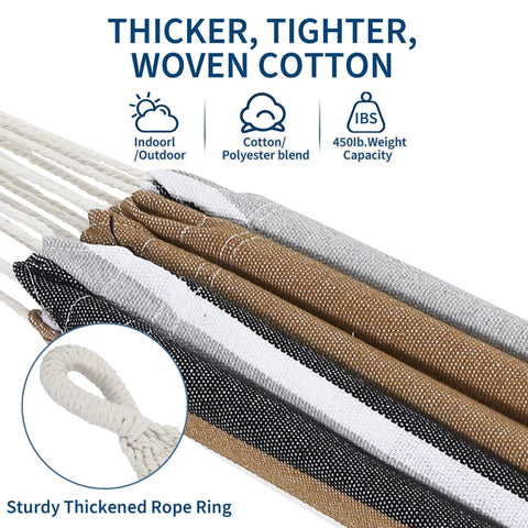 Close-up of coffee color cotton cocoon material for Two Person Brazilian Style Hammock With Steel Stand For Indoor And Outdoor Use.