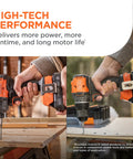 20v Max Cordless Drill And Impact Driver Combo Kit With Brushless Motor, user operating drill on wood surface.