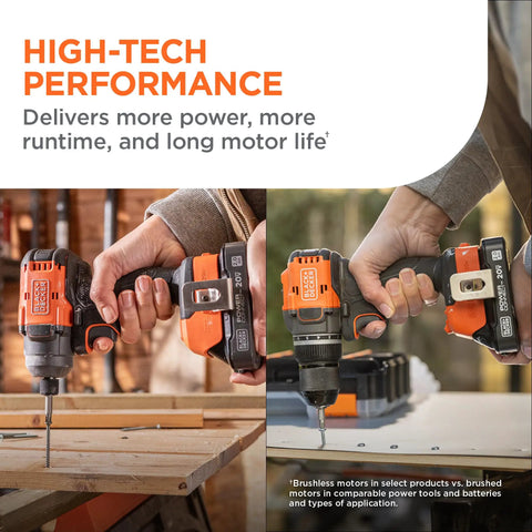 20v Max Cordless Drill And Impact Driver Combo Kit With Brushless Motor, user operating drill on wood surface.