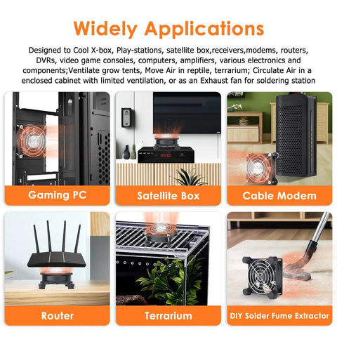 Keep Your Rig Chill With This 80Mm Adjustable Computer Cooling Fan Featuring Multi Voltage Ac Plug And Quick Twist Control Knob For Gaming PCs Modems Cabinets Terrariums And Greenhouses used in gaming PC, router, and terrarium.