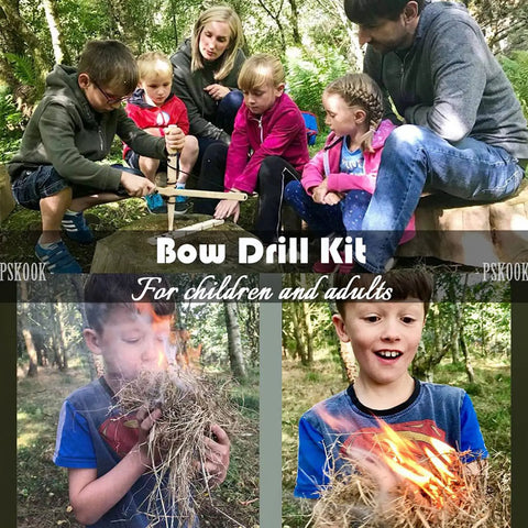 Children and adults using Primitive Friction Fire Starter Kit For Bushcraft And Camping, Bow Drill Set With Bamboo Handle outdoors