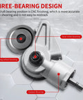 Drill Cut Pro Metal Cutting Adapter For Electric Drills, close-up view, featuring CNC bearings and serrated front wheel for cutting.