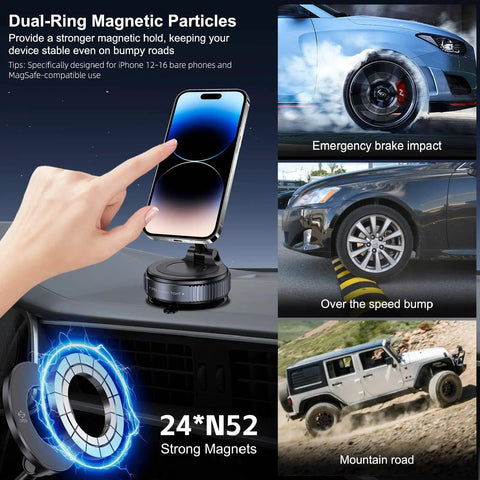 Vacuum Magnetic Car Phone Holder For MagSafe Hands Free 360 Degree Rotatable Mount displayed in use inside a car