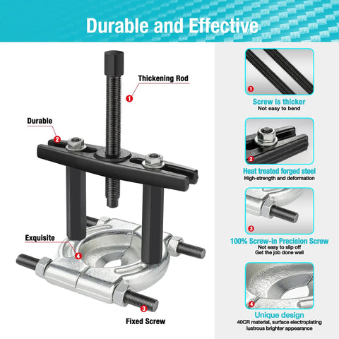 Close-up of Beefy 12 Piece Bearing Puller Set with 5 Ton Capacity and Heavy Duty Flywheel Separator featuring durable forged steel components.