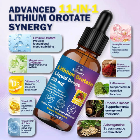 Lithium Orotate Liquid Drops 20mg 11 In 1 Mood Boost Formula With NAC Magnesium Ashwagandha L Theanine Vitamin D3 B6 B12