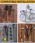 Heavy Duty Garage Hooks Kit, 12 Pack Steel Wall Mount Hangers For Ladders, Bikes, Tools And Other Bulky Gear, Rust Resistant Coated, Non Slip PVC Sheath, Black installed on brick, drywall, concrete, and wood walls for holding tools like loppers, helmets, and shovels