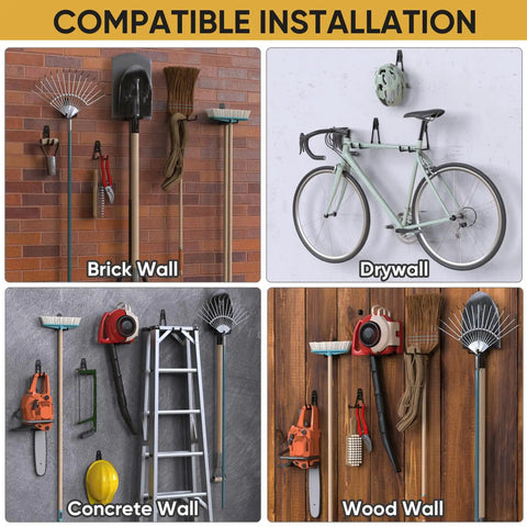 Heavy Duty Garage Hooks Kit, 12 Pack Steel Wall Mount Hangers For Ladders, Bikes, Tools And Other Bulky Gear, Rust Resistant Coated, Non Slip PVC Sheath, Black installed on brick, drywall, concrete, and wood walls for holding tools like loppers, helmets, and shovels