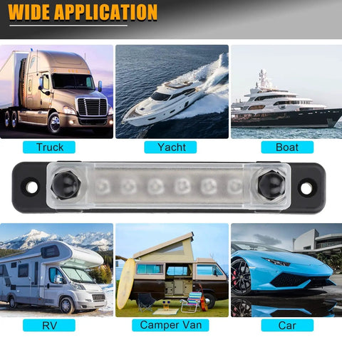 Badass 150A Negative Bus Bar Power Distribution Block For 12V Marine And Automotive Grounding Kits shown with truck, yacht, and RV.