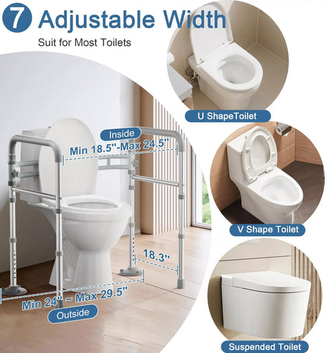 Rock Solid Adjustable Toilet Safety Rail And Grab Bar For Seniors, Supports Up To 350 Pounds With Reinforced Pivot Clamps for U and V shape toilets.