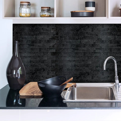 Modern kitchen with 10 Sheet Peel And Stick Backsplash Subway Tile For Kitchen And Bathroom Metal Embossed Bright Black Aluminum Composite 3D Wall Tile No Grout Easy Install DIY Friendly