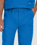 Close-up of blue Relaxed Fit 7 Pocket Elastic Cargo Scrub Pants For Men With Stretch Waistband And Drawstring Durable Go To Workwear