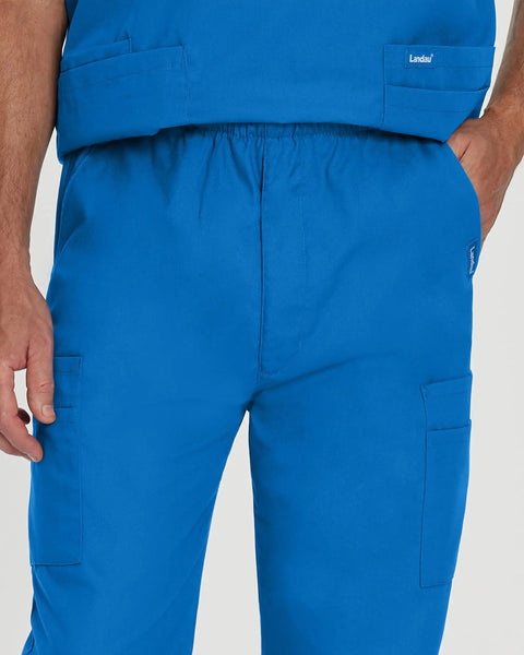 Close-up of blue Relaxed Fit 7 Pocket Elastic Cargo Scrub Pants For Men With Stretch Waistband And Drawstring Durable Go To Workwear
