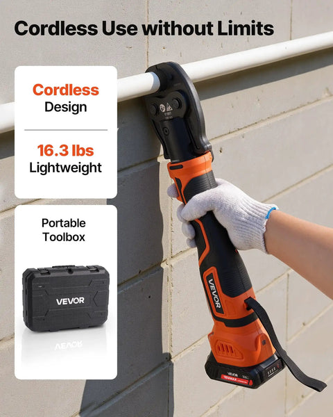 VEVOR 18V Cordless Electric PEX Pipe Press Crimping Tool for 1/2, 3/4 And 1 Inch Copper Rings in use, lightweight design, portable toolbox.