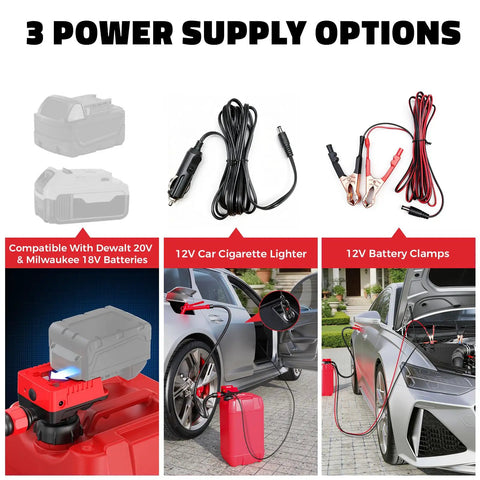 3 power supply options for Get She Done Cordless Fuel Transfer Pump: Dewalt 20V batteries, car lighter, and battery clamps.