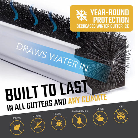 Close-up of 5.25-Inch Gutter Guard Brush Inserts Kit showing brush in gutter, year-round protection label visible, prevents clogging.