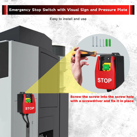 Emergency stop switch installed on machine with visual sign and pressure plate, includes screwing instructions for secure fixing.