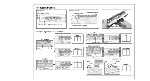Instructions for Adjustable Six Hole Punch For Pocket Journals And Planners, 8 Sheet Capacity, displaying alignment guides and settings.