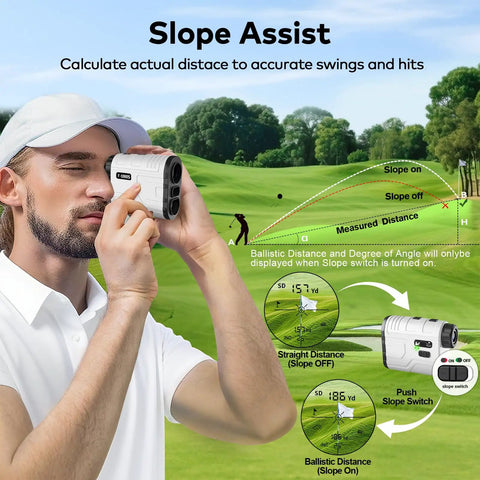 Pro Grade 1200 Yard Golf Range Finder With Slope And Flag Lock Vibration, 7X Magnification, Game Ready Lightweight Rechargeable Laser, Quick Scan, Legal Switch, Range Finder Accessory For Golf White, used on course