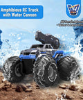 Amphibious 4WD RC Monster Truck With Waterproof Boat And Water Gun on rocky terrain and water splash background
